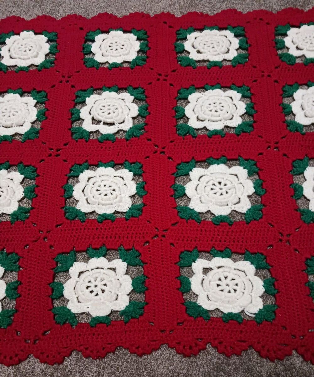 VTG Hand Made Crochet 3D Flower Afghan Throw Blanket 34"X78" Granny Square Roses - Picture 5 of 5